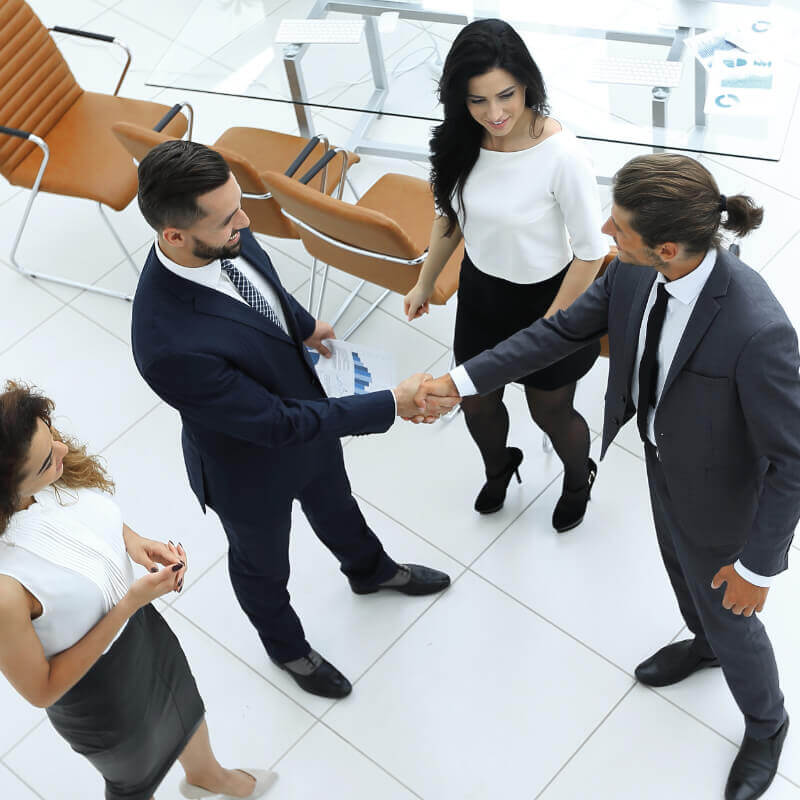 A group of business professionals with two men shaking hands